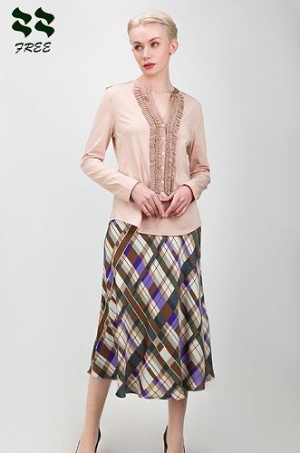 V Neck With Pleated Ruffles Long Sleeve Cut Sew Blouse